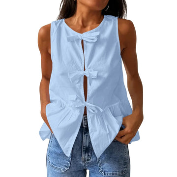 MQTIME  -  Women's Summer Y2K Vintage Solid Color Vest Sleeveless O-Neck Front Bow Knot Tied Hollow Out Peplum Flare Tank Tops